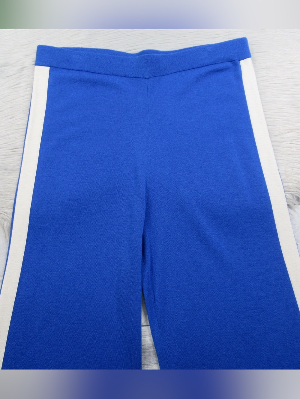 ST. JOHN 100% Wool Knit Wide Leg Pants Royal Blue Cream Side Stripe Size L - Picture 4 of 11